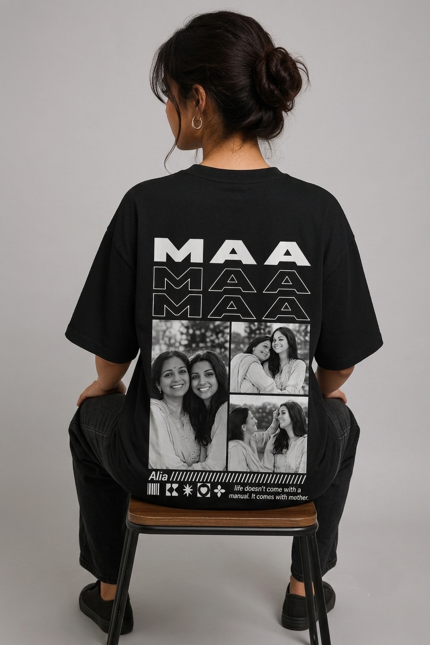 "Maa" Graphic Oversized Black T-Shirt – Customizable | 100% Cotton