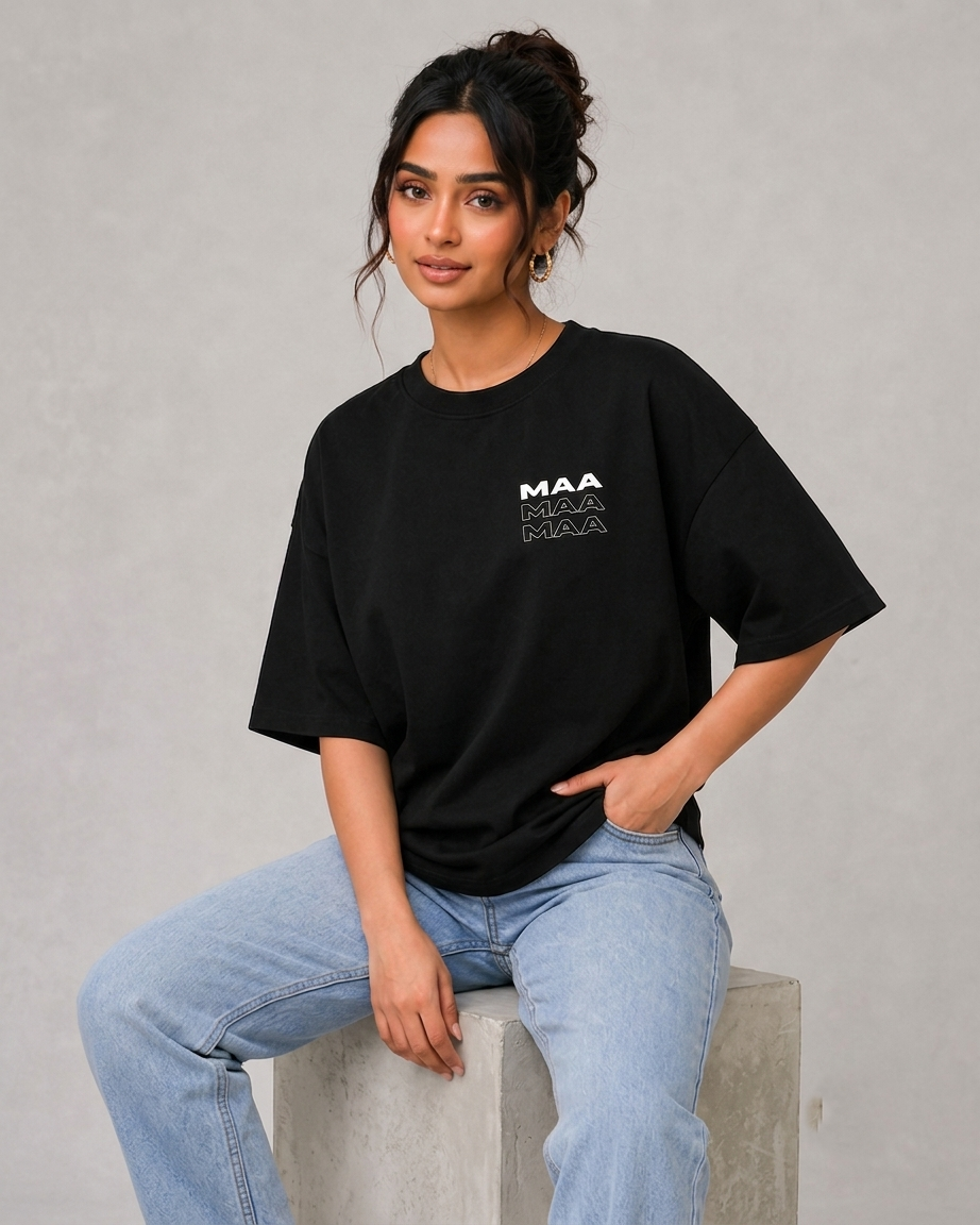 "Maa" Graphic Oversized Black T-Shirt – Customizable | 100% Cotton