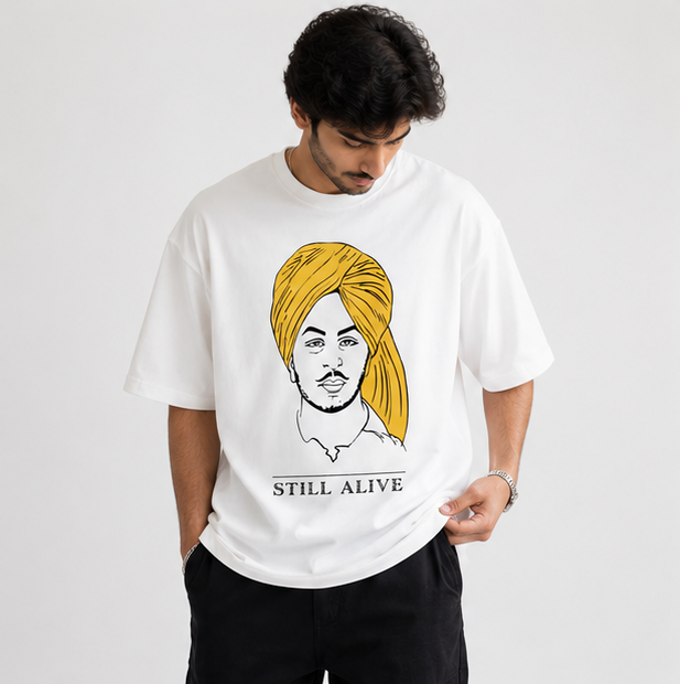 Bhagat Sing Inspired Still Alive Oversized White Graphic T-Shirt