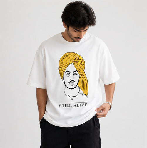 Bhagat Sing Inspired Still Alive Oversized White Graphic T-Shirt