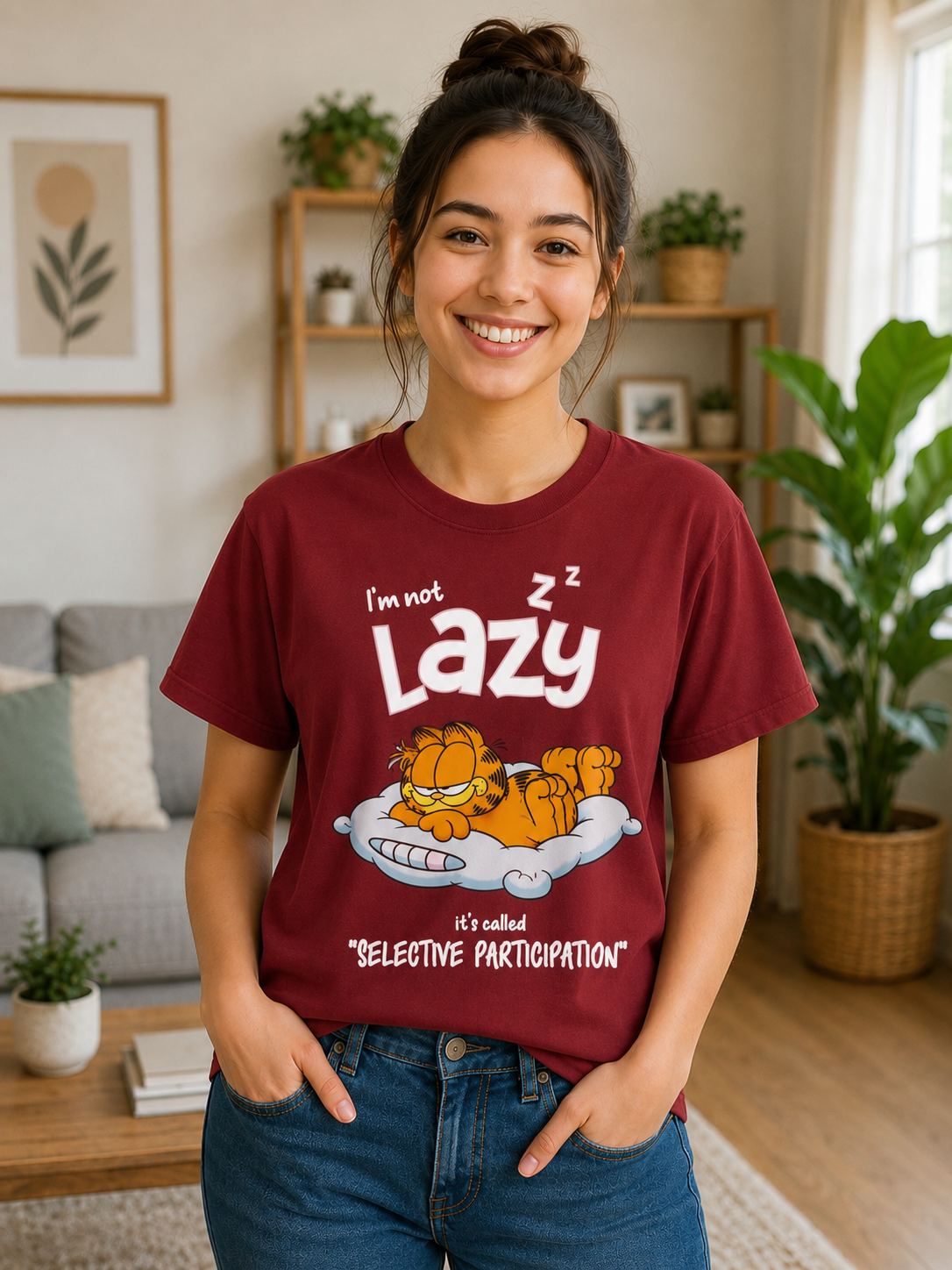 Women's Maroon Lazy Garfield Printed Regular fit T-shirt 100% Premium Cotton.