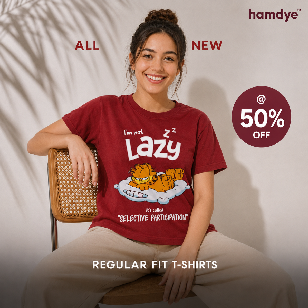 Women's Maroon Lazy Garfield Printed Regular fit T-shirt 100% Premium Cotton.
