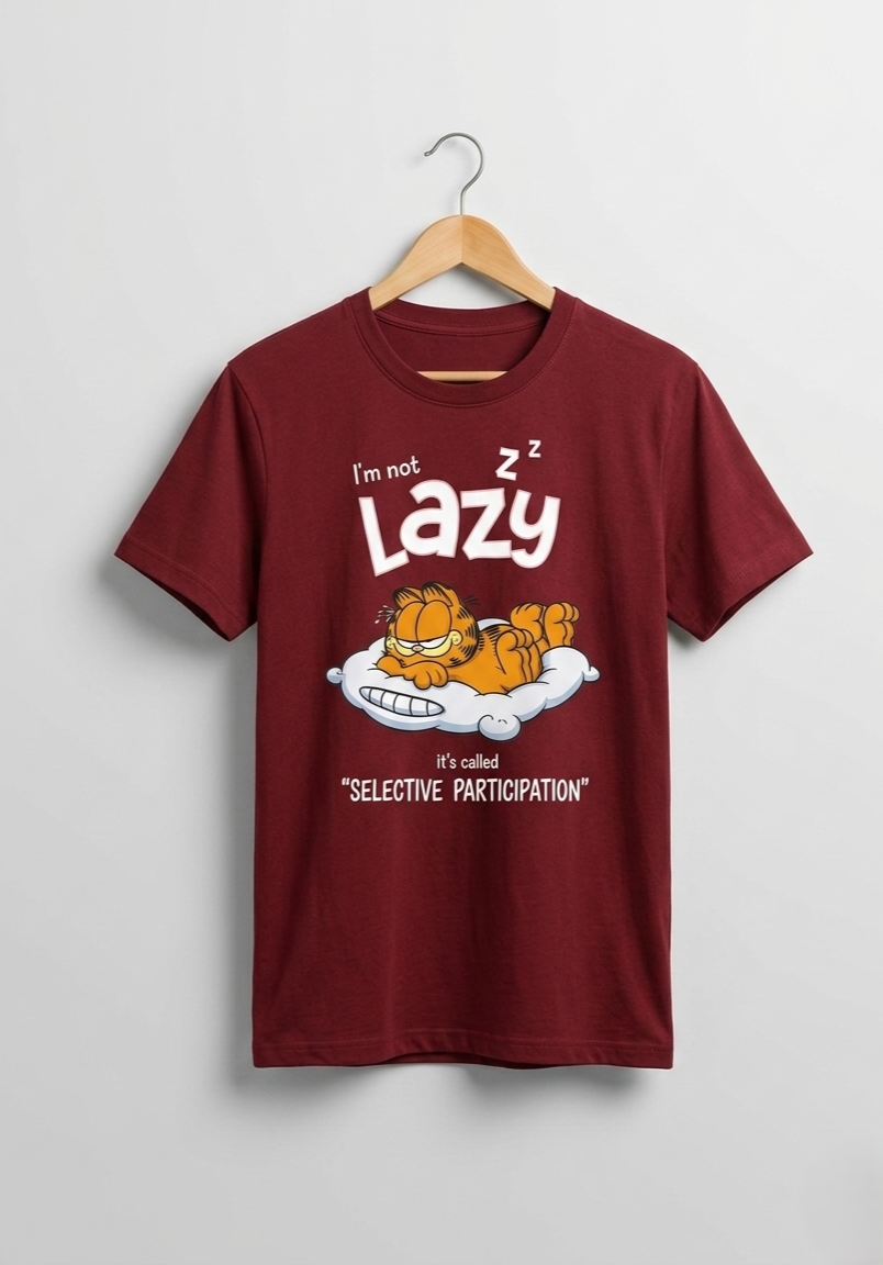 Women's Maroon Lazy Garfield Printed Regular fit T-shirt 100% Premium Cotton.