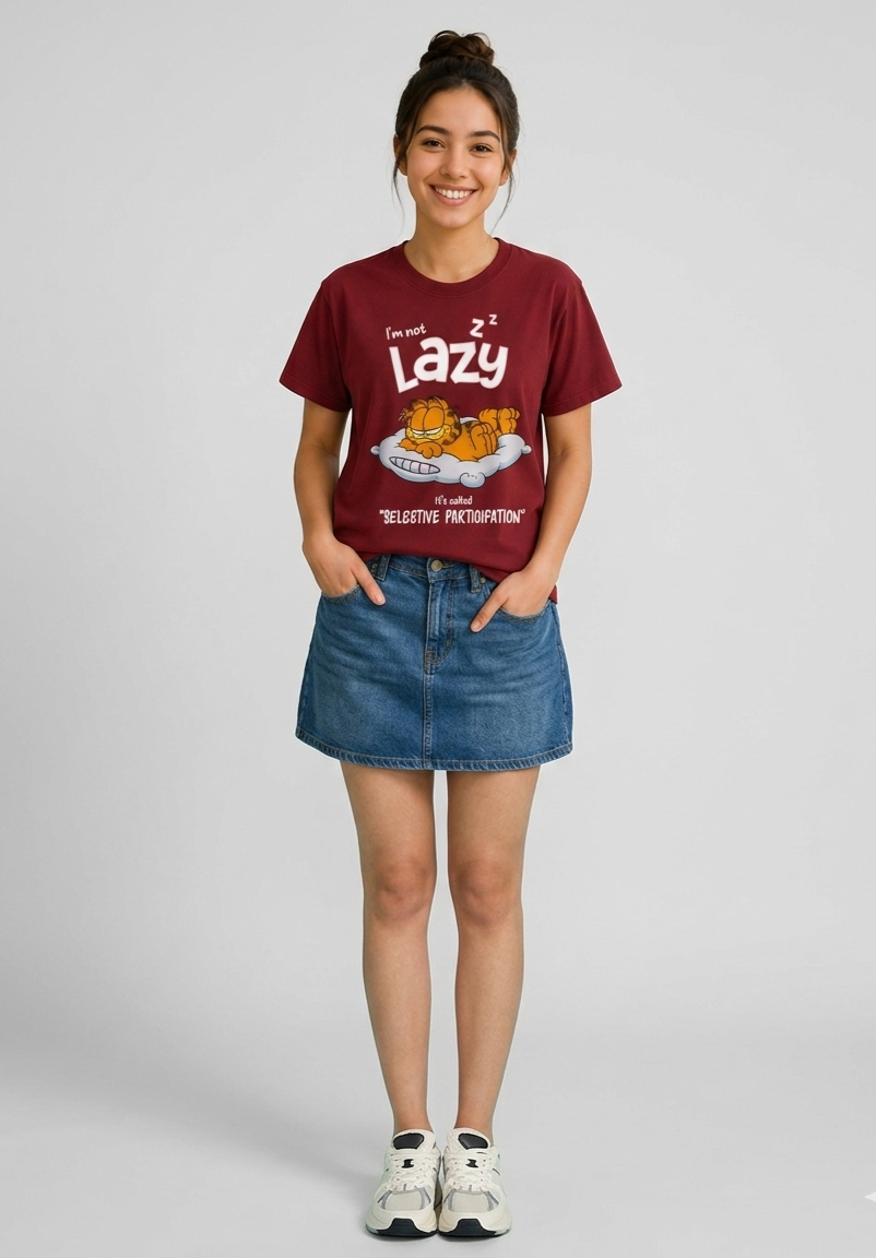 Women's Maroon Lazy Garfield Printed Regular fit T-shirt 100% Premium Cotton.