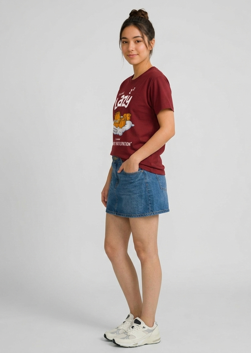 Women's Maroon Lazy Garfield Printed Regular fit T-shirt 100% Premium Cotton.