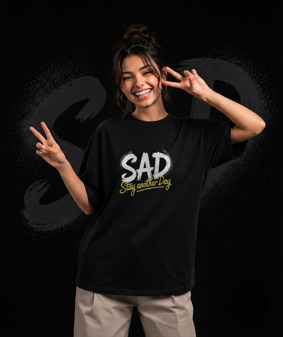 SAD – Stay Another Day Oversized Graphic T-Shirt | Streetwear Unisex Drop-Shoulder Tee | Graffiti Art Print | Black