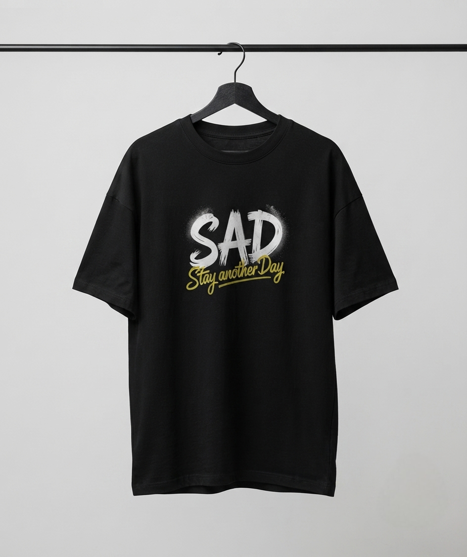 SAD – Stay Another Day Oversized Graphic T-Shirt | Streetwear Unisex Drop-Shoulder Tee | Graffiti Art Print | Black