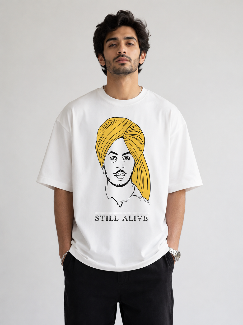 Bhagat Sing Inspired Still Alive Oversized White Graphic T-Shirt
