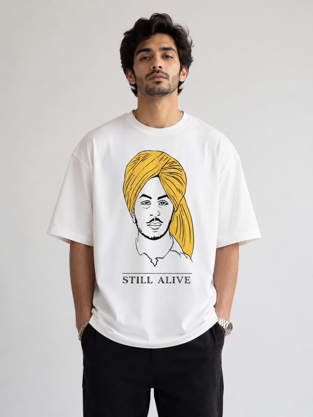 Bhagat Sing Inspired Still Alive Oversized White Graphic T-Shirt