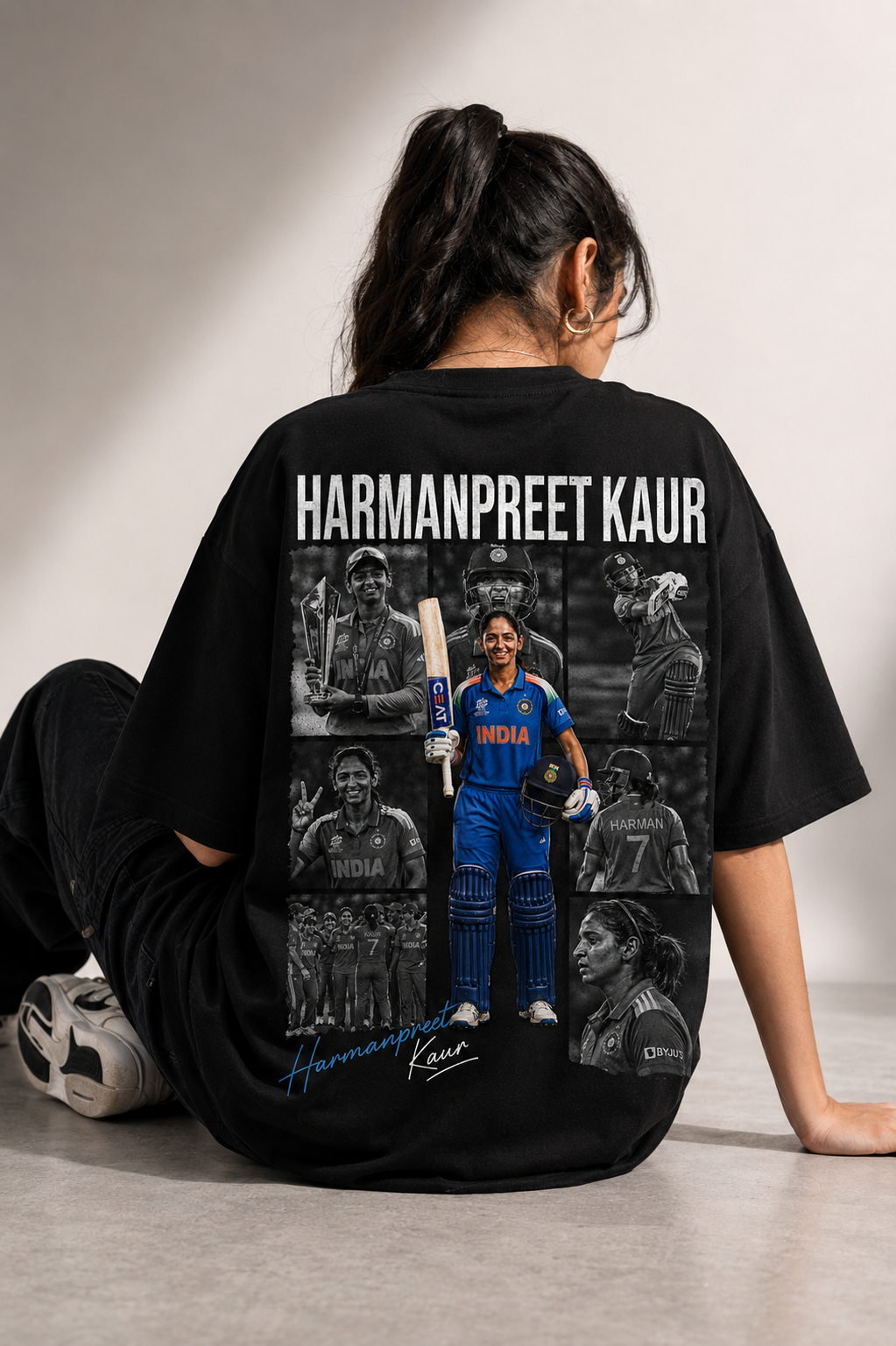 Harmanpreet Kaur Tribute Graphic Oversized Black T-Shirt – Women's Cricket Fan Tee