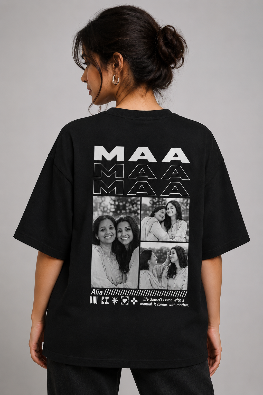 "Maa" Graphic Oversized Black T-Shirt – Customizable | 100% Cotton
