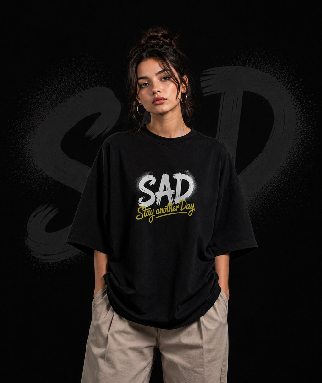 SAD – Stay Another Day Oversized Graphic T-Shirt | Streetwear Unisex Drop-Shoulder Tee | Graffiti Art Print | Black