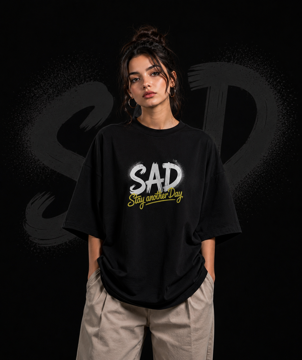 SAD – Stay Another Day Oversized Graphic T-Shirt | Streetwear Unisex Drop-Shoulder Tee | Graffiti Art Print | Black