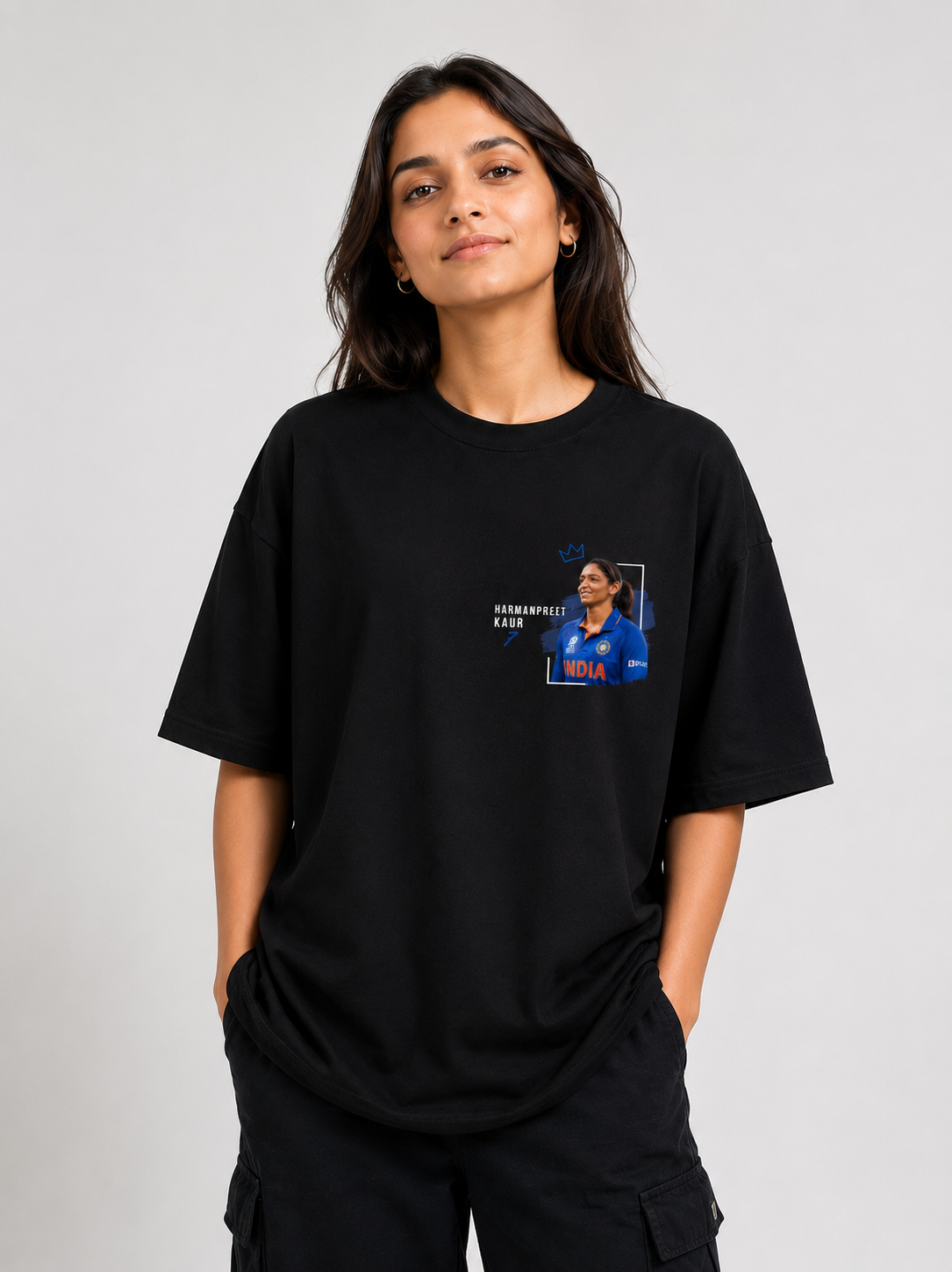 Harmanpreet Kaur Tribute Graphic Oversized Black T-Shirt – Women's Cricket Fan Tee
