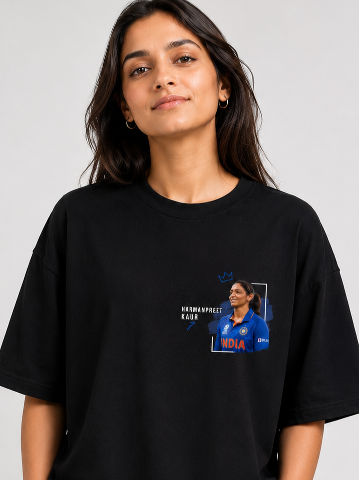 Harmanpreet Kaur Tribute Graphic Oversized Black T-Shirt – Women's Cricket Fan Tee