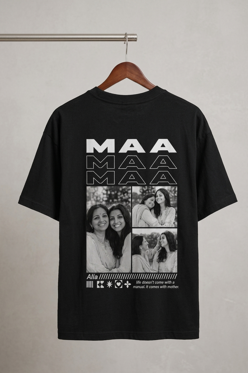 "Maa" Graphic Oversized Black T-Shirt – Customizable | 100% Cotton