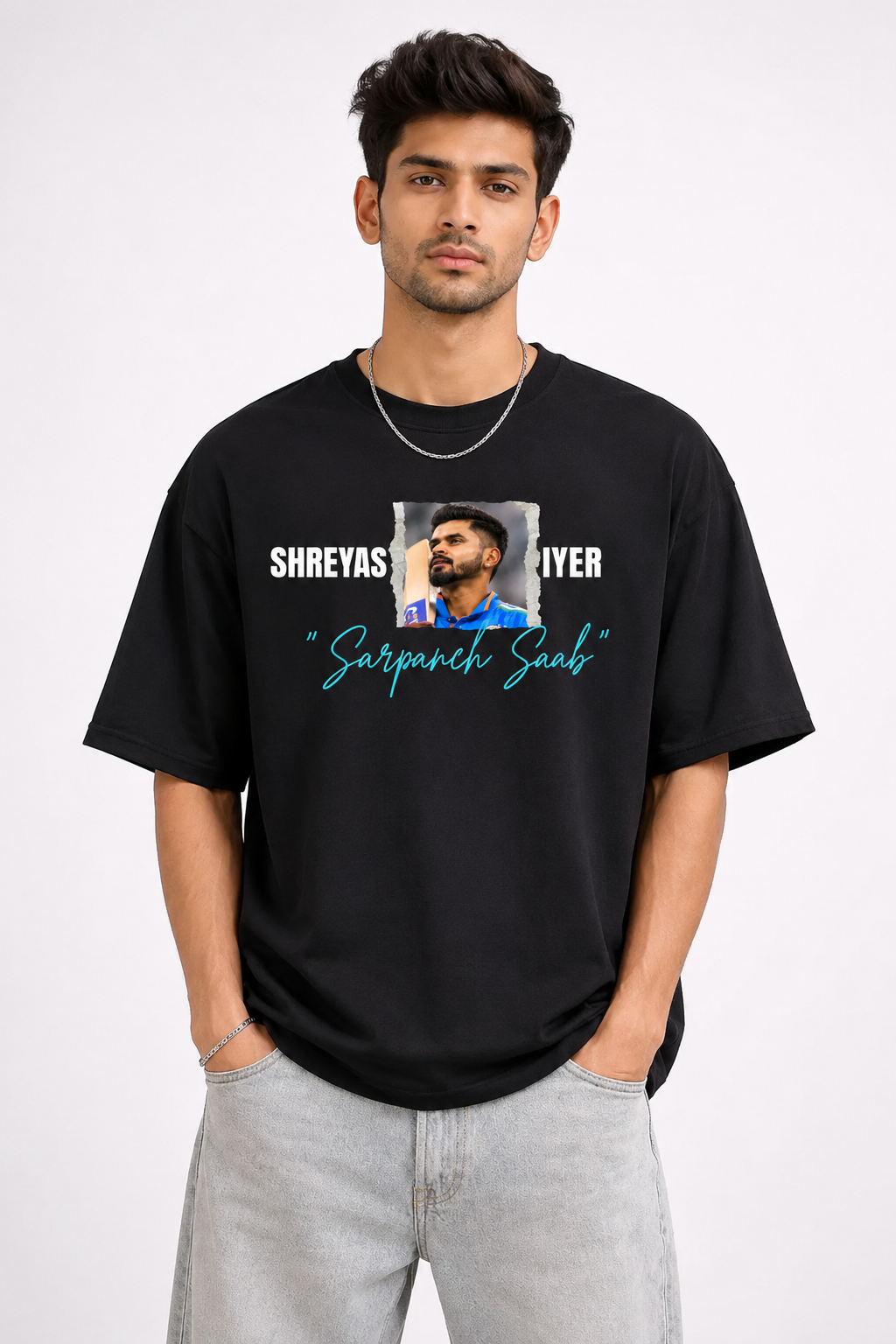 Shreyas Iyer “Sarpanch Saab” Printed Oversized Black T-Shirt 100% Cotton