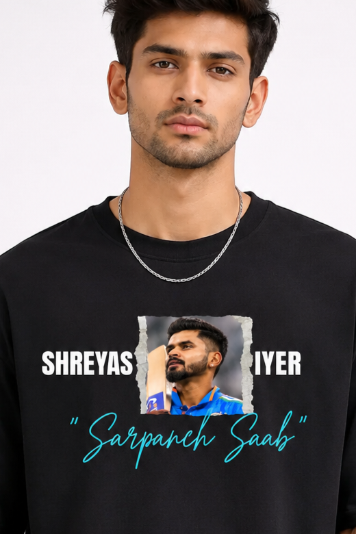 Shreyas Iyer “Sarpanch Saab” Printed Oversized Black T-Shirt 100% Cotton