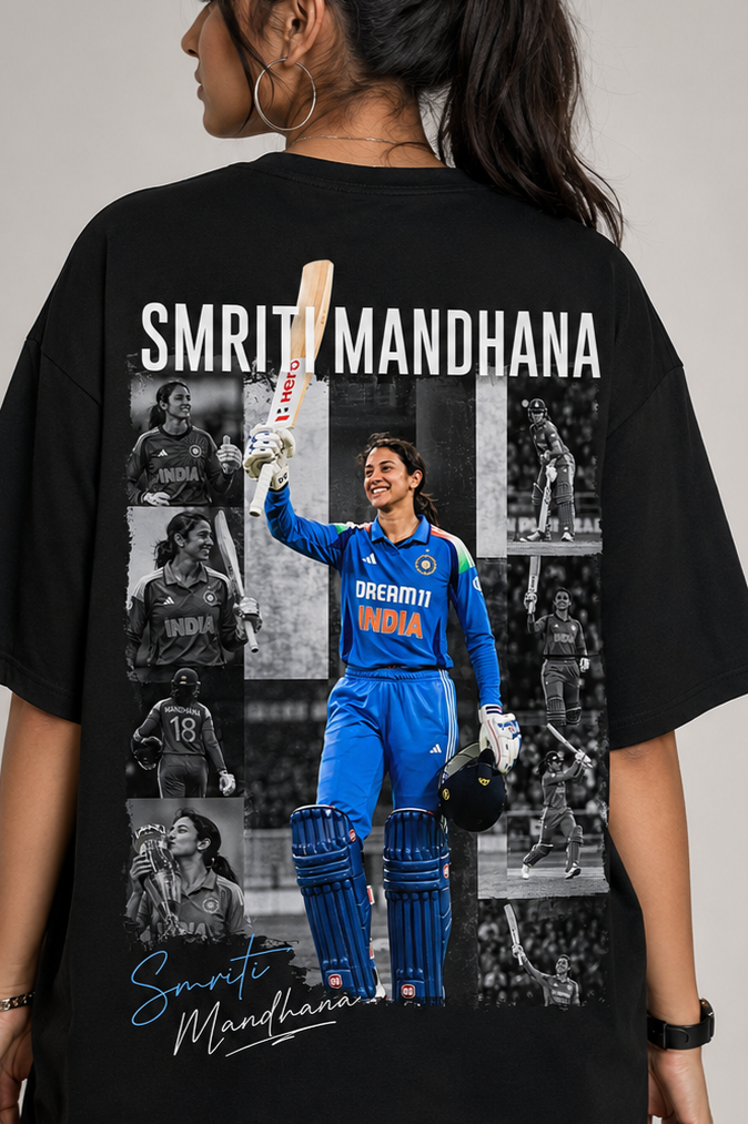 Smriti Mandhana Printed Oversized Black T-Shirt 100% Premium Cotton – Cricket Fan Edition