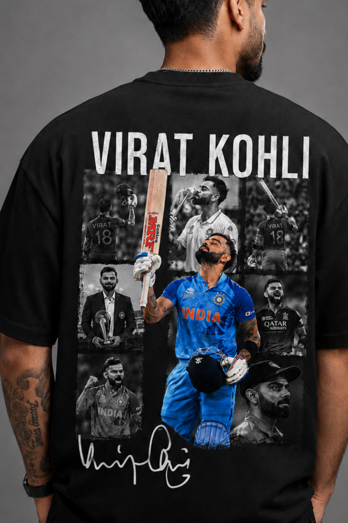 Virat Kohli "King Kohli" Oversized Black Printed T-Shirt – 100% Cotton