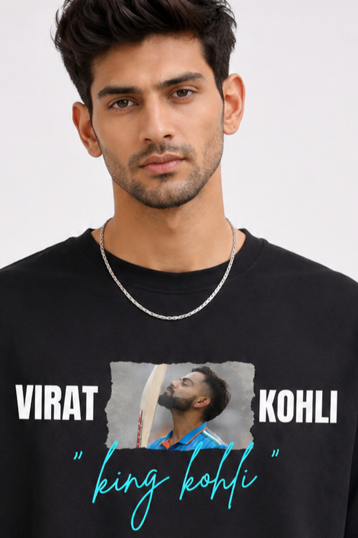 Virat Kohli "King Kohli" Oversized Black Printed T-Shirt – 100% Cotton