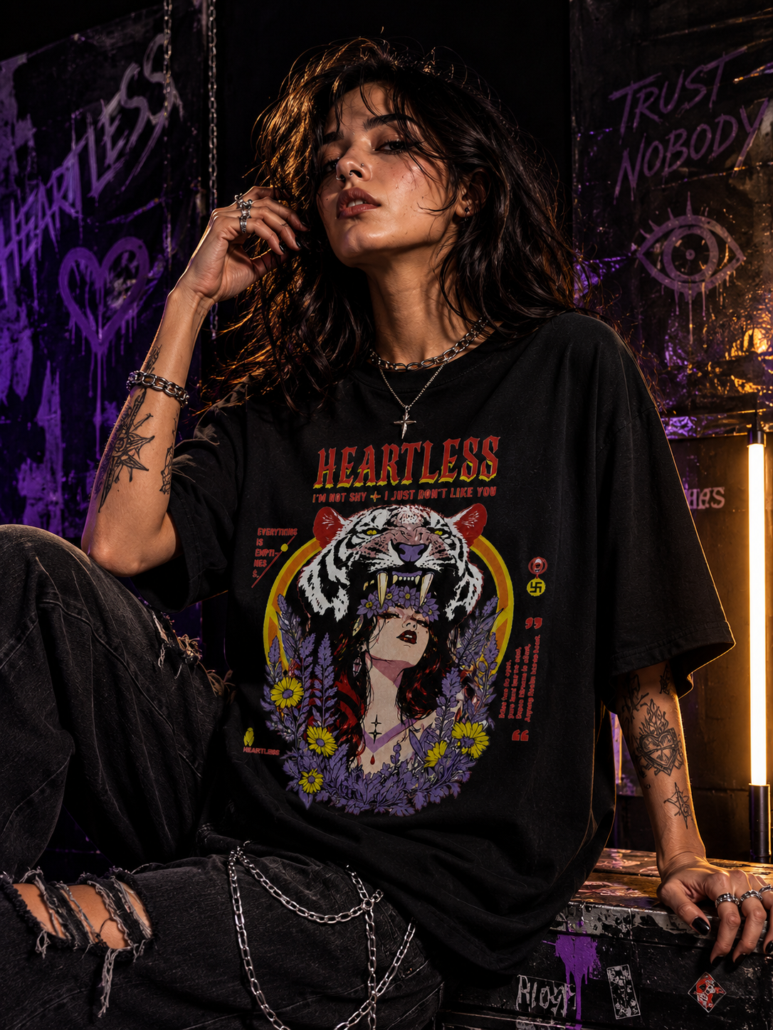 Heartless Graphic Oversized Black T-Shirt – Bold Streetwear for Women